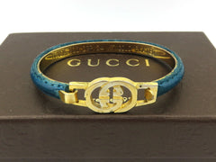 GUCCI Vintage Blue Leather 24KT Plated Metal GG Bangle