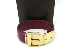 GUCCI Red Leather Gold Tone Metal Belt Bangle Bracelet