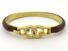 GUCCI Brown Leather 24KT Plated Metal GG Bangle