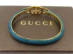 GUCCI Vintage Blue Leather 24KT Plated Metal GG Bangle