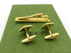 Gucci Vintage Gold Tone Metal Red Green Square GG Logo Cufflinks Tie Clip Set