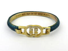 GUCCI Vintage Blue Leather 24KT Plated Metal GG Bangle